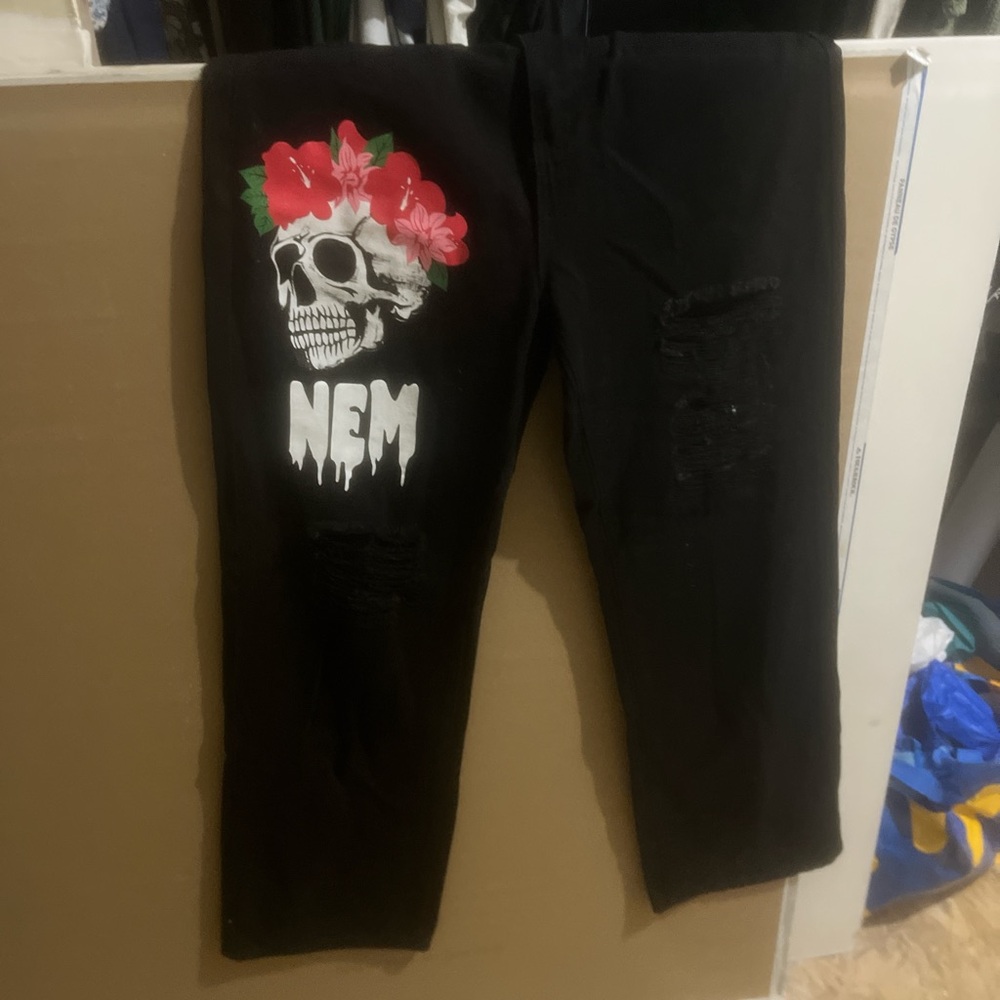 Black Pants with Skull and Floral Design